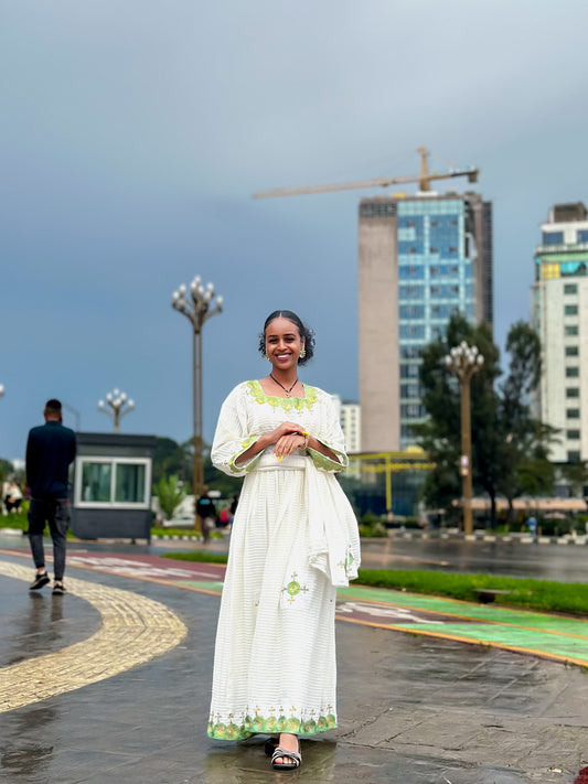 White & Green Habesha Cloth Dress – Hand-Embroidered Traditional Ethiopian Dress for Women