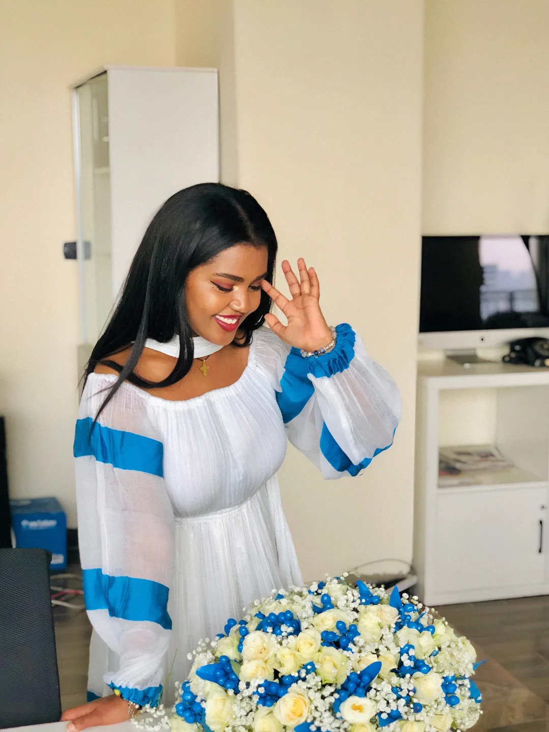 Flowy Habesha Kemis Habesha Dress with Blue Stripes Ethiopian Clothing 304