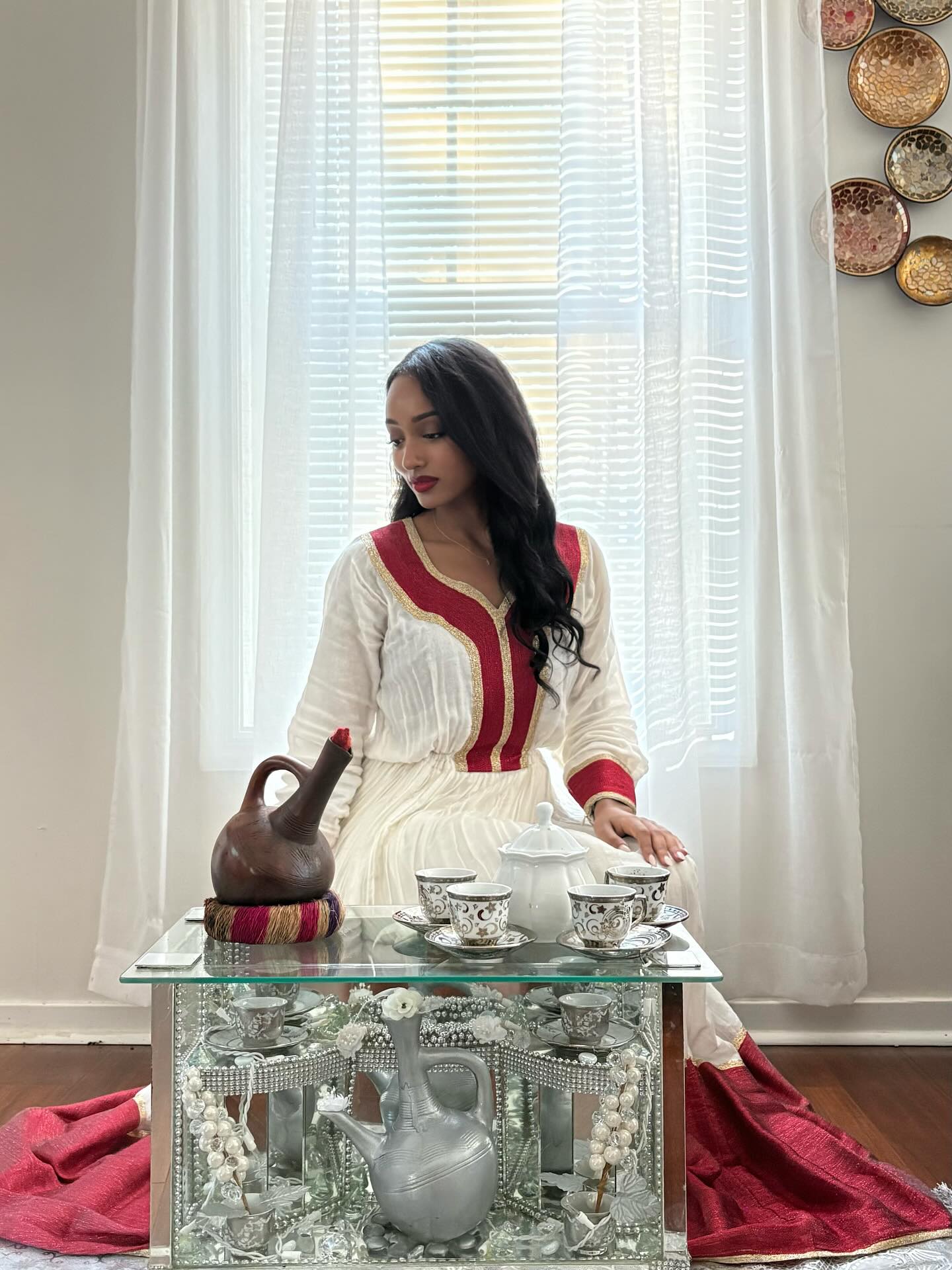 Red Woven Habesha Dress Long Sleeve Traditional Ethiopian Clothing