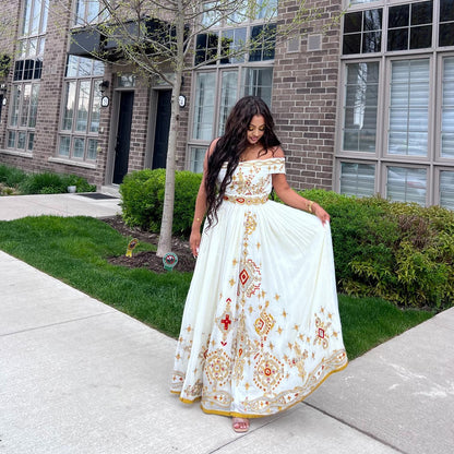 Golden Traditional Ethiopian Dress Cross Embroidered Habesha Kemis Traditional Ethiopian Habesha Dress 309
