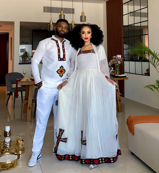 Ethiopian Traditional Couple Dress – Elegant Matching Habesha Outfit Set
