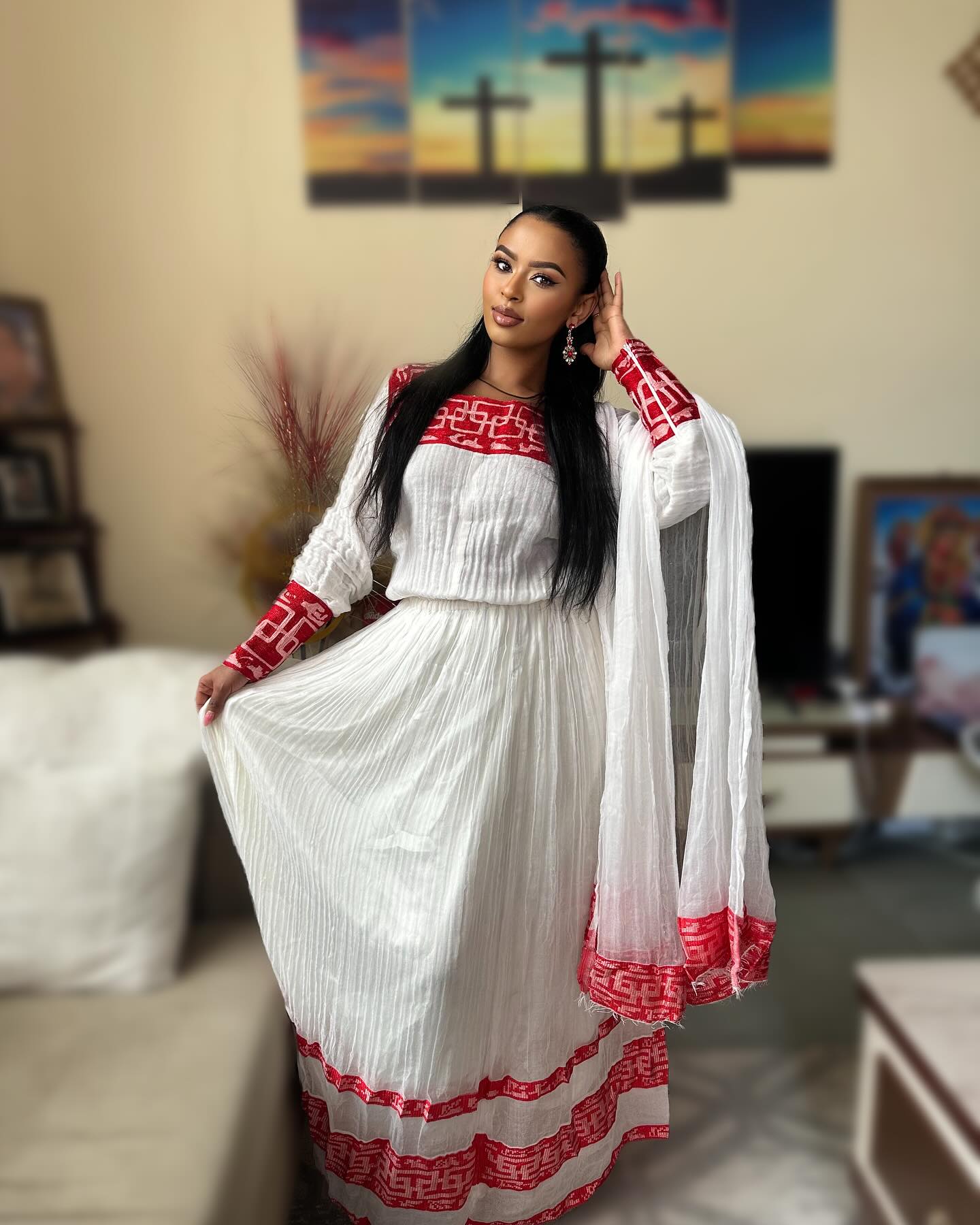 Elegant Habesha Dress Handwoven Ethiopian Traditional Attire with Red Accents