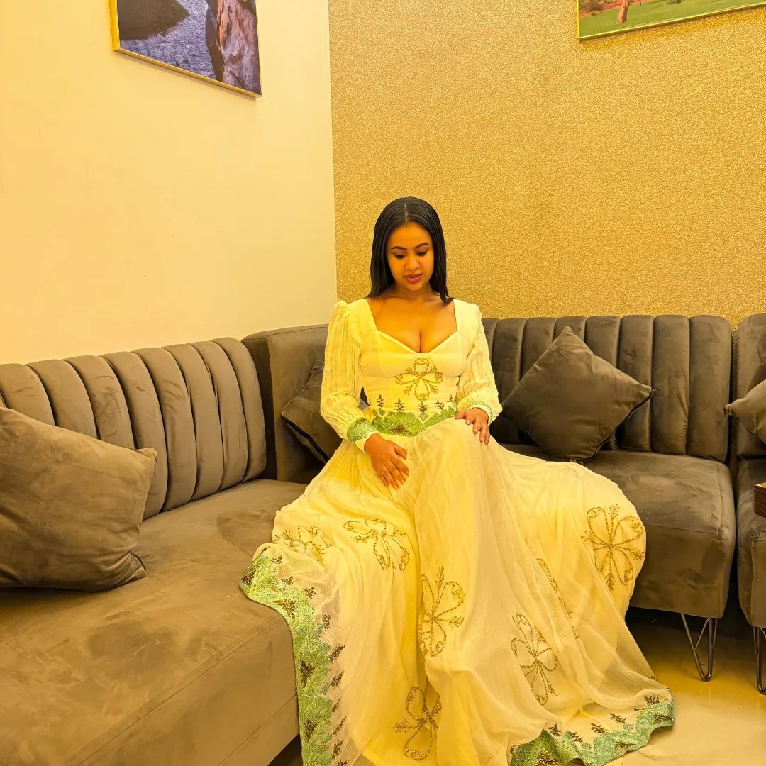 Green Woven Habesha Dress Long Sleeve Habesha Kemis Traditional Ethiopian Clothing 349