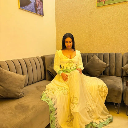 Green Woven Habesha Dress Long Sleeve Habesha Kemis Traditional Ethiopian Clothing 349