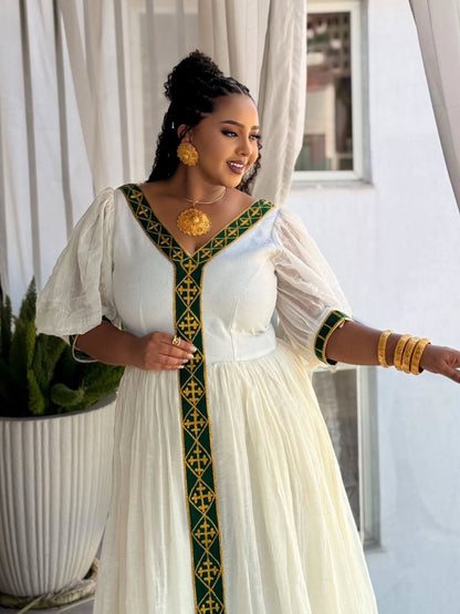 Green And Gold Embroidery Habesha Dress Cross Design Eritrean Dress Graceful Habesha Kemis 366