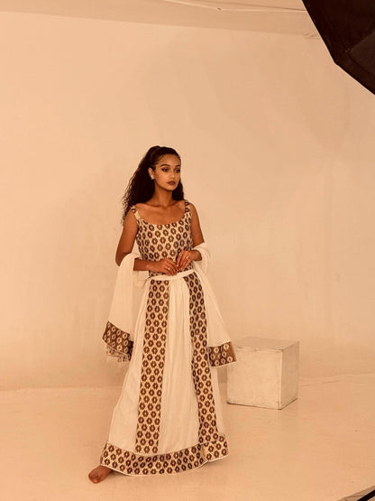 Brown Pattern Ethiopian Dress Sleeveless Habesha Dress Graceful Habesha Kemis 376
