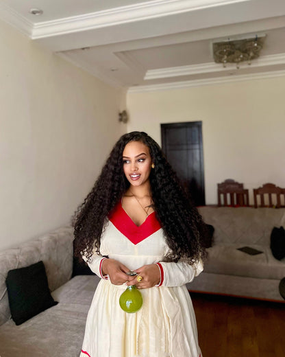 Ethiopian Clothing with Red Embroidery Cross Design Habesha Dress Long Sleeve Habesha Kemis 377