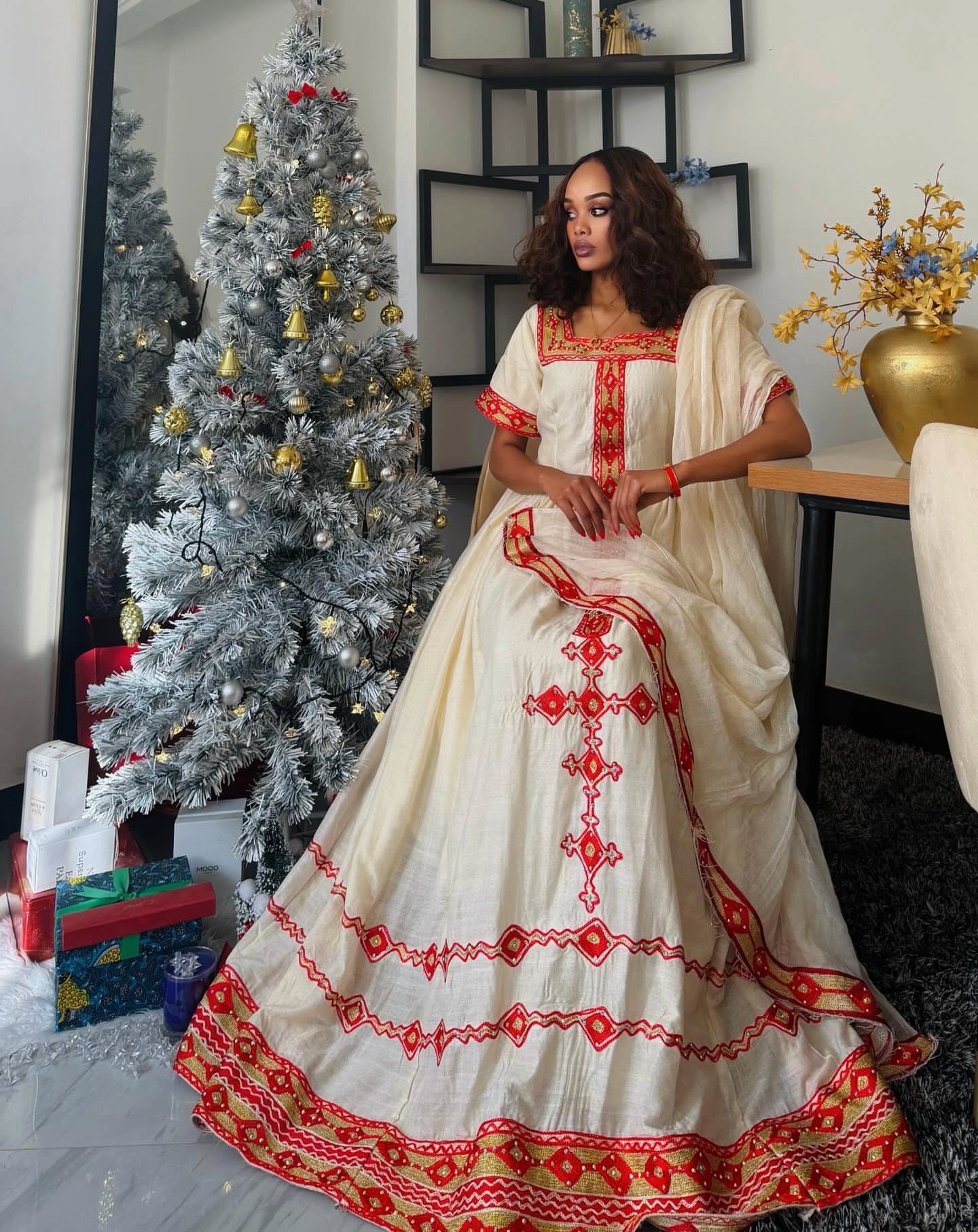 Bold Red Embroidery Habesha Dress Graceful Habesha Kemis Ethiopian Dress For Holidays 383
