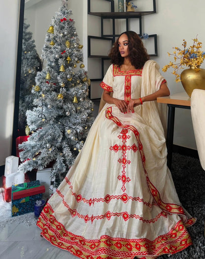 Bold Red Embroidery Habesha Dress Graceful Habesha Kemis Ethiopian Dress For Holidays 383