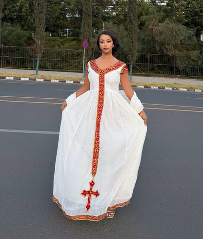 Habesha Kemis With Red Embroidery Short Sleeve Habesha Dress Ethiopian Dress For Festive 