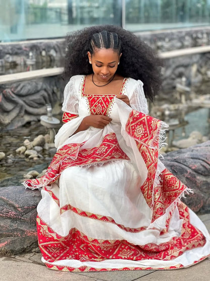 Exquisite Traditional Ethiopian Dress Charming Habesha Kemis Red Woven Habesha Dress 395