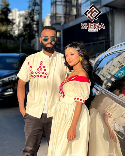 Matching Habesha Kemis And Men's Shirt Couple Outfit Ethiopian Traditional Wear Set 413