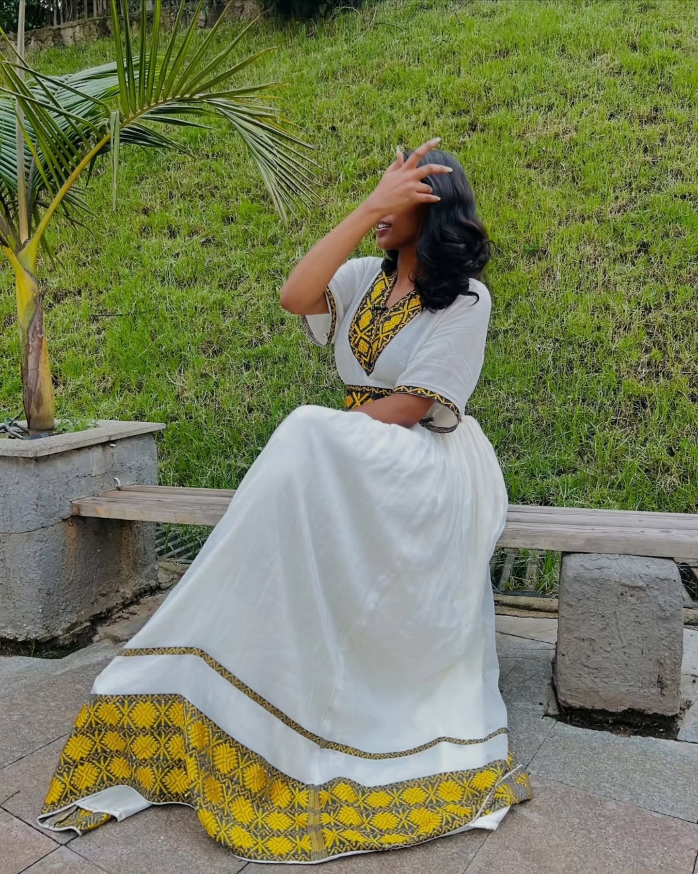 V-Neck Habesha Kemis Yellow Weaving Habesha Dress Traditional Ethiopian Dress 417
