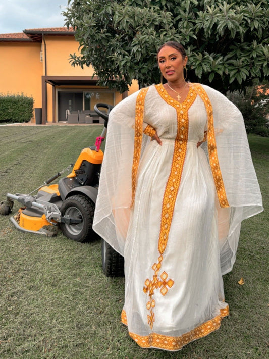 Long Sleeve Habesha Kemis with Cross Design Traditional Ethiopian Dress 