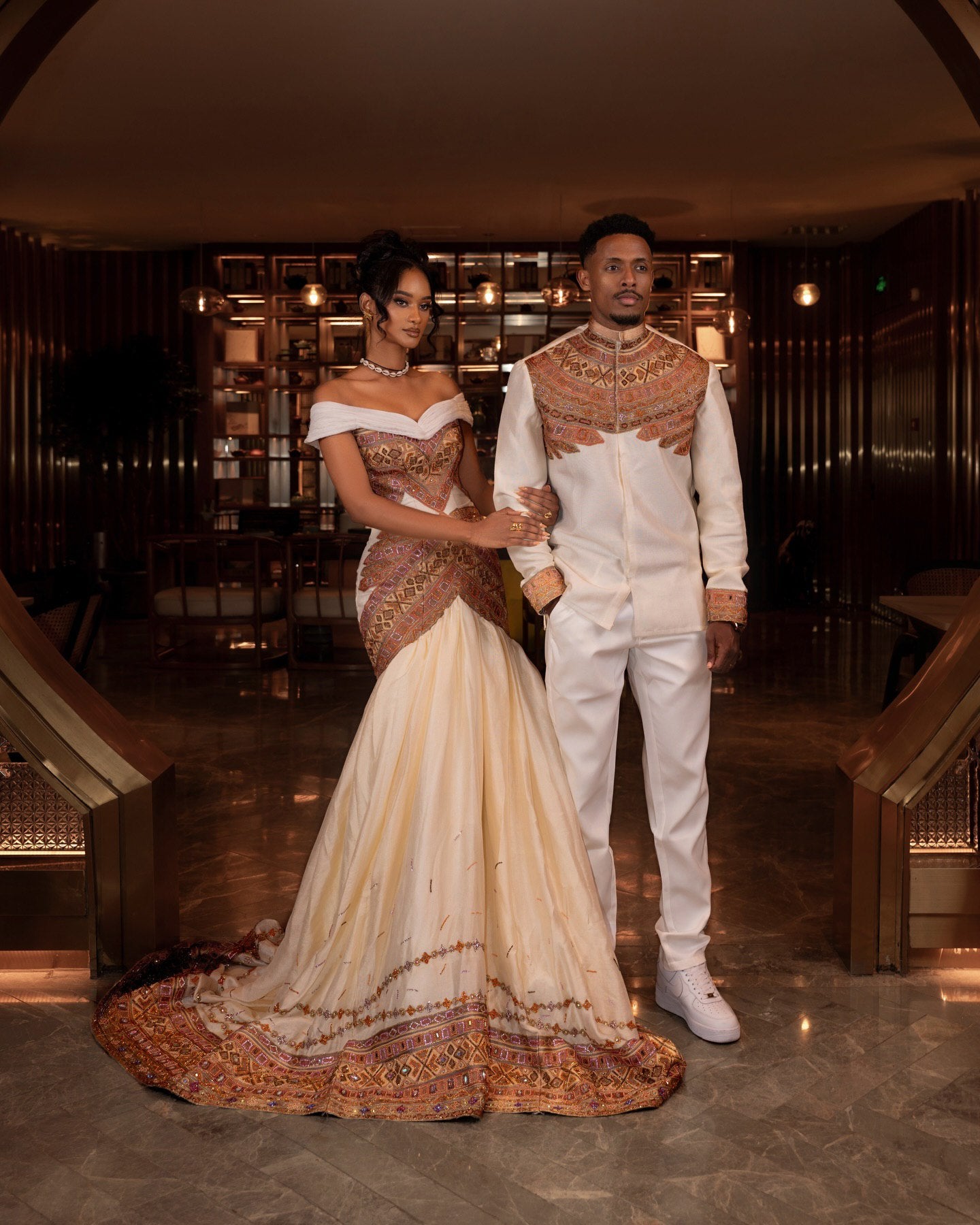 Royal Matching Couple's Set  Off-the-Shoulder Habesha Dress and Coordinating Embroidered Men's Suit 969