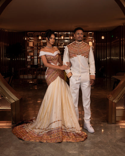Royal Matching Couple's Set  Off-the-Shoulder Habesha Dress and Coordinating Embroidered Men's Suit 969