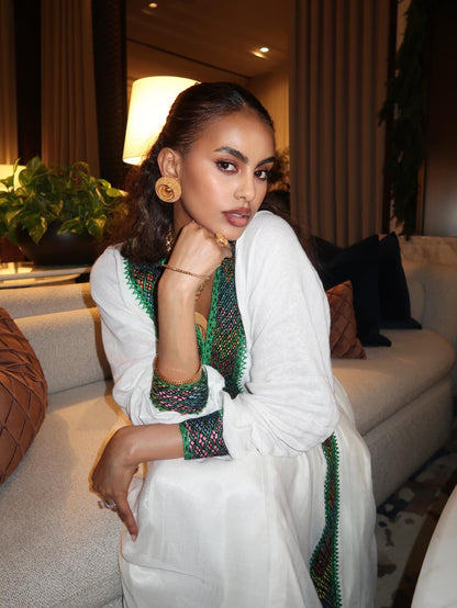 Ethiopian Traditional Dress Long Sleeve Habesha Dress Green Woven Design Habesha Kemis 434