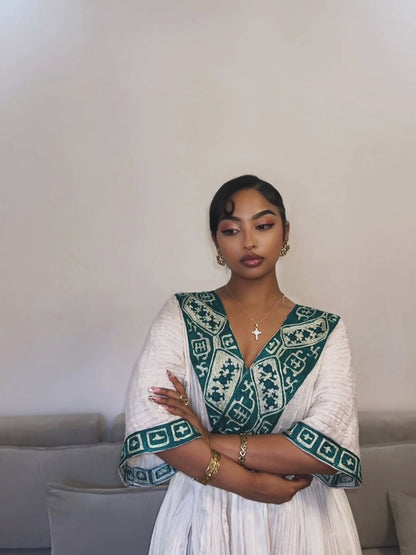 Vibrant Habesha Dress Graceful Habesha Kemis Timeless Ethiopian Dress With V-neckline 435