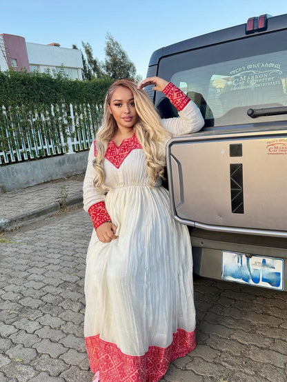 Long Sleeve Habesha Kemis Red Woven Habesha Dress Charming Ethiopian Dress 437