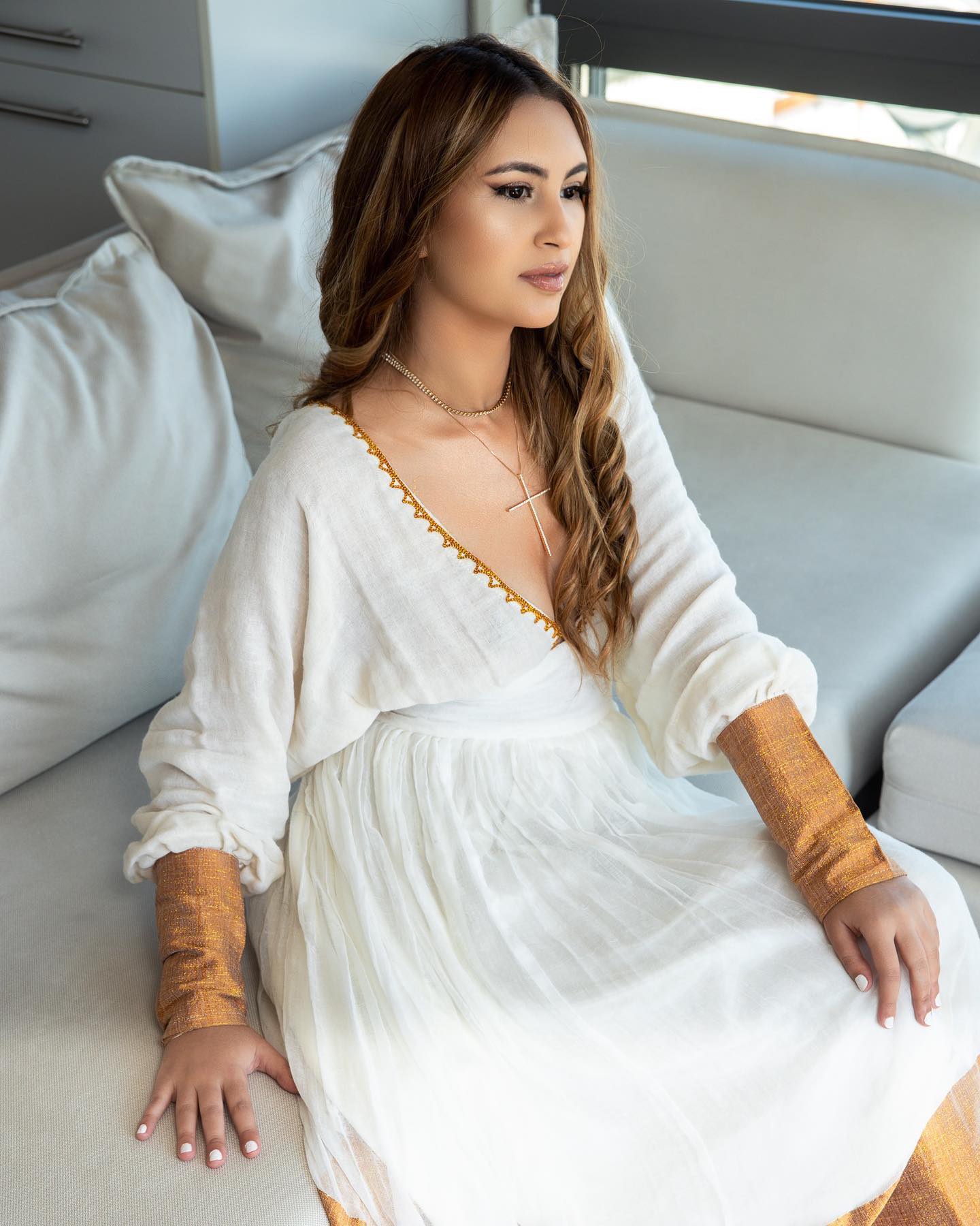 Golden Woven Ethiopian Clothing Long Sleeve Habesha Kemis Traditional Ethiopian Dress 442