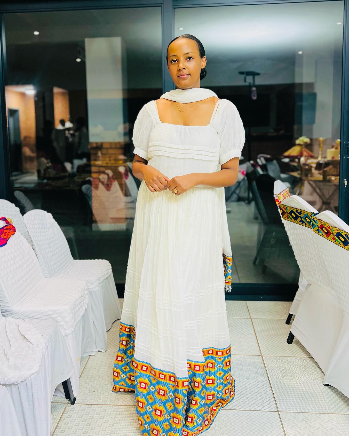 Elegant White Habesha Kemis Traditional Habesha Dress with Colorful Hem Detail Ethiopian Dress 449