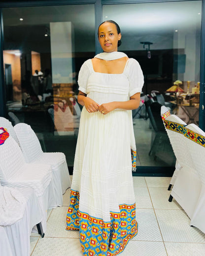Elegant White Habesha Kemis Traditional Habesha Dress with Colorful Hem Detail Ethiopian Dress 449