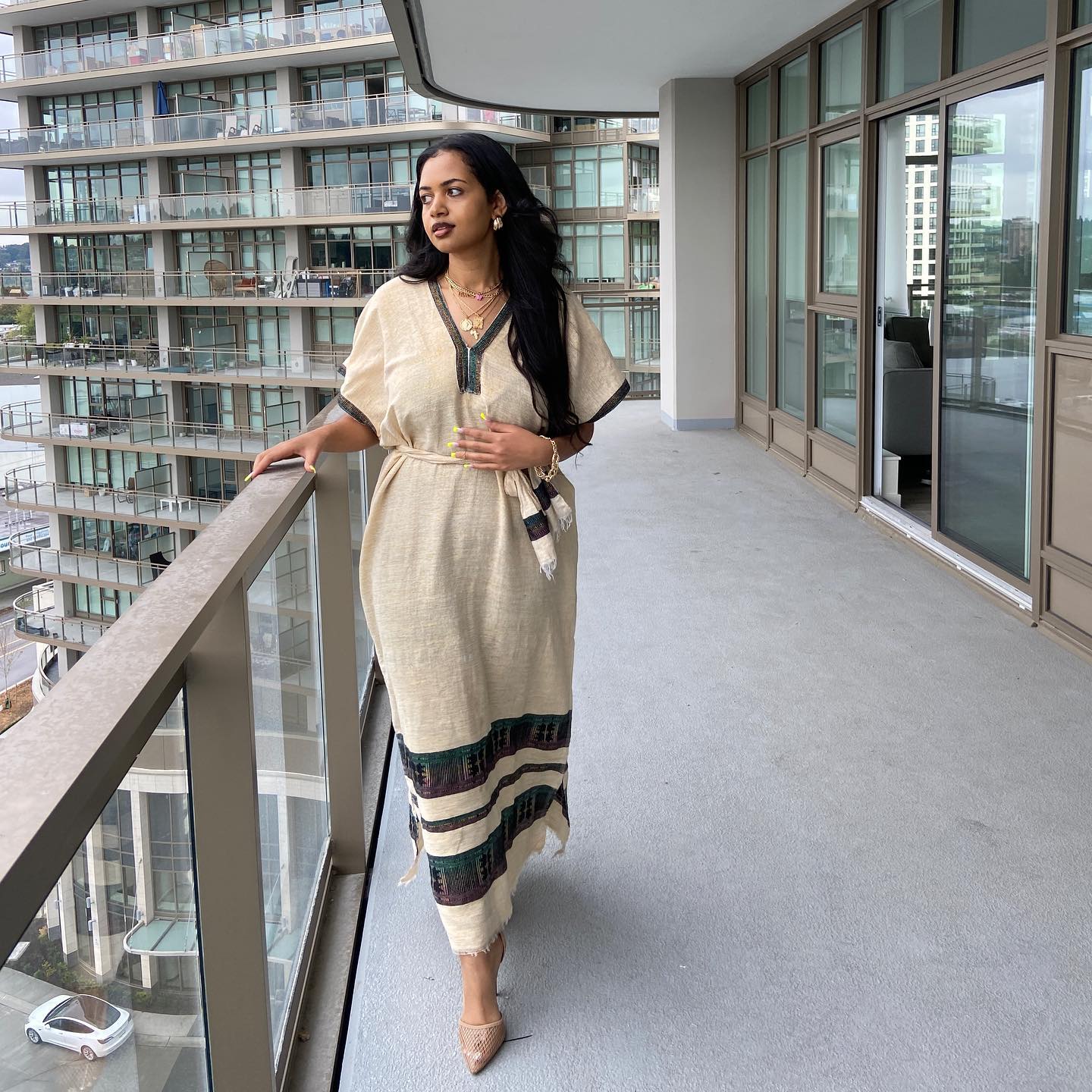 Neutral Tone Habesha Kemis V-Neck Habesha Dress Woven Detail Ethiopian Dress 450