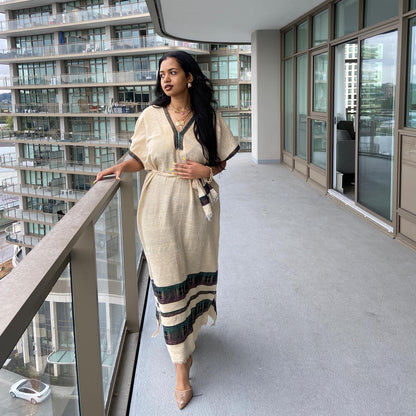 Neutral Tone Habesha Kemis V-Neck Habesha Dress Woven Detail Ethiopian Dress 450