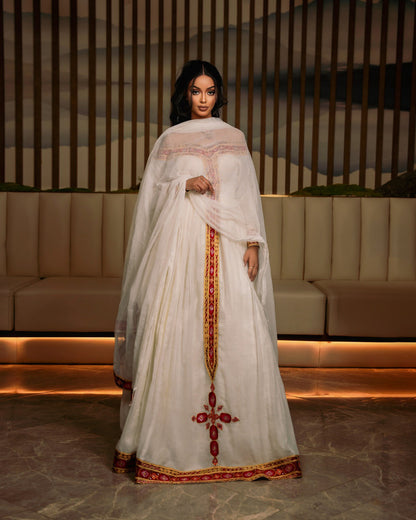 Off-shoulder Design Habesha Dress Red And Golden Embroidery Habesha Kemis Stylish Ethiopian Dress 454