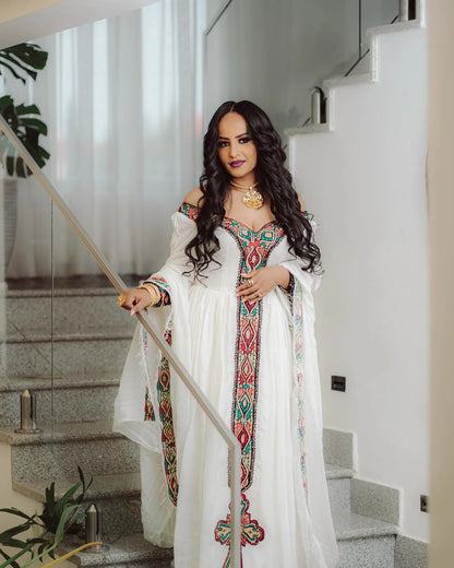 Long Sleeve Ethiopian Dress Multicolor Embroidery Habesha Kemis Charming Habesha Dress 457