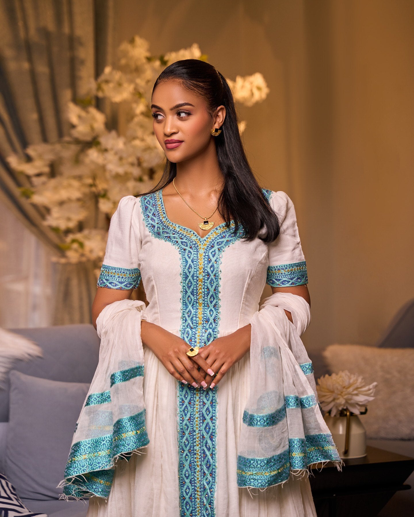 Beautiful Pattern Habesha Kemis Short Sleeve Habesha Dress Graceful Ethiopian Dress 459