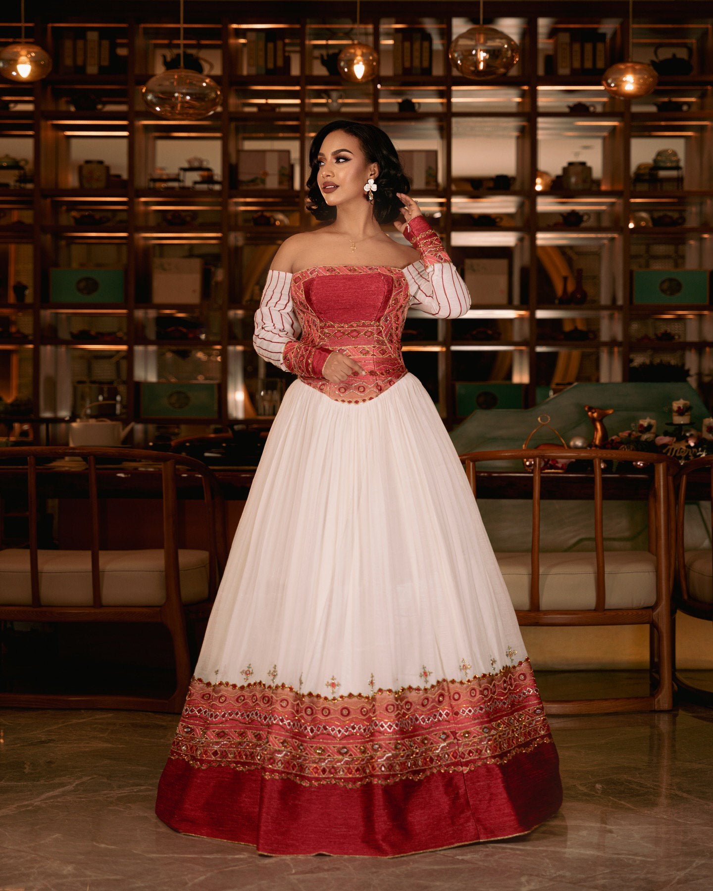 Off-Shoulder Habesha Dress Red Embroidery Ethiopian Wedding Dress Graceful Habesha Kemis 466