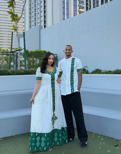 Ethiopian Matching Outfit Deep Green Embroidery Couple Set  Men's Shirt And Women's Dress 467