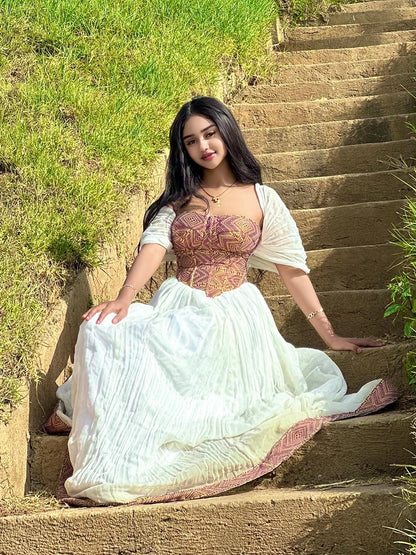 Graceful Habesha Dress Woven Bodice and Flowing White Silhouette habesha Kemis Ethiopian Clothing 471