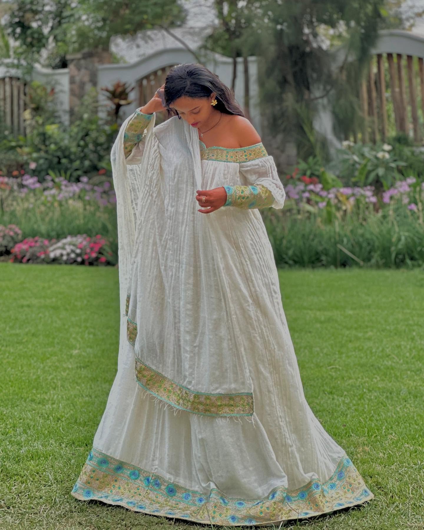 Habesha Kemis With Long Sleeve Green And Blue Border Habesha Dress Stylish Ethiopian Dress 472