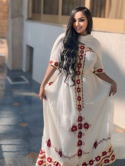 Short Sleeve Ethiopian Dress Red Woven Habesha Kemis Traditional Ethiopian Dress 480