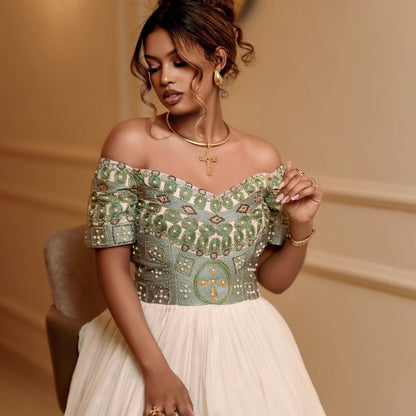 Habesha Kemis With Green Embroidery Traditional Ethiopian Wedding Dress Luxurious Habesha Dress 485