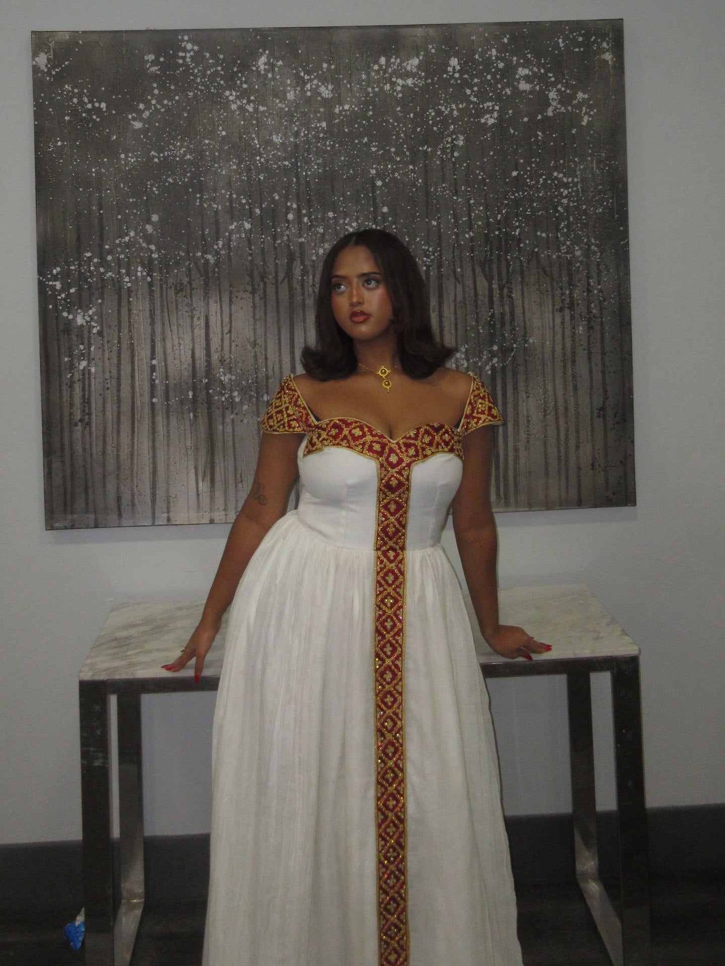 Short Sleeve Ethiopian Clothing Habesha Kemis in Gold and Red Charming Habesha Dress 488