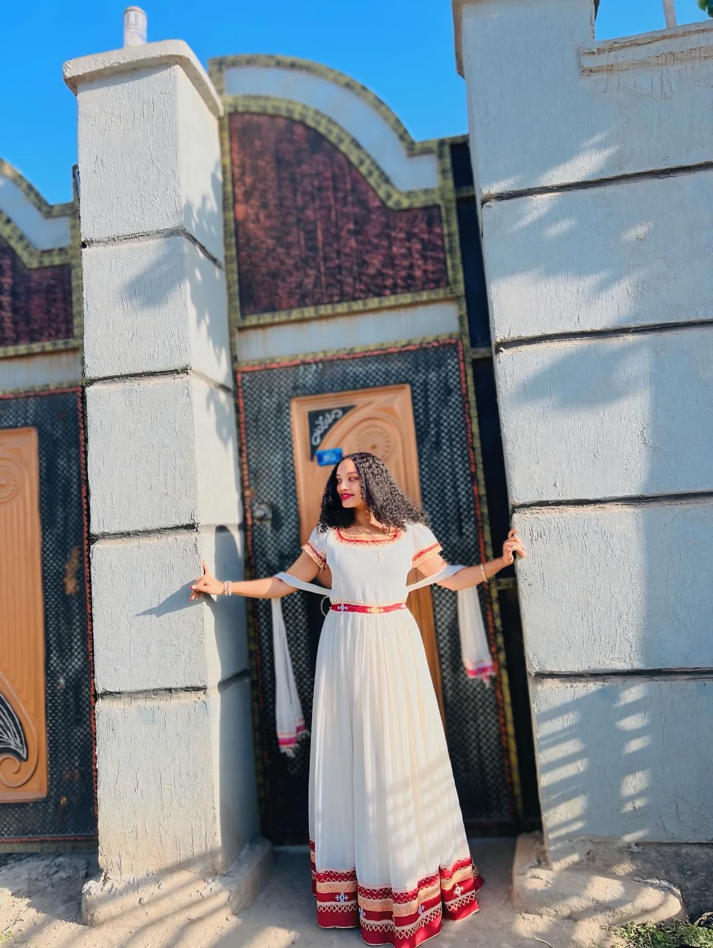 White Habesha Kemis with Red Embroidery Traditional Ethiopian Dress Cultural Habesha Dress 490