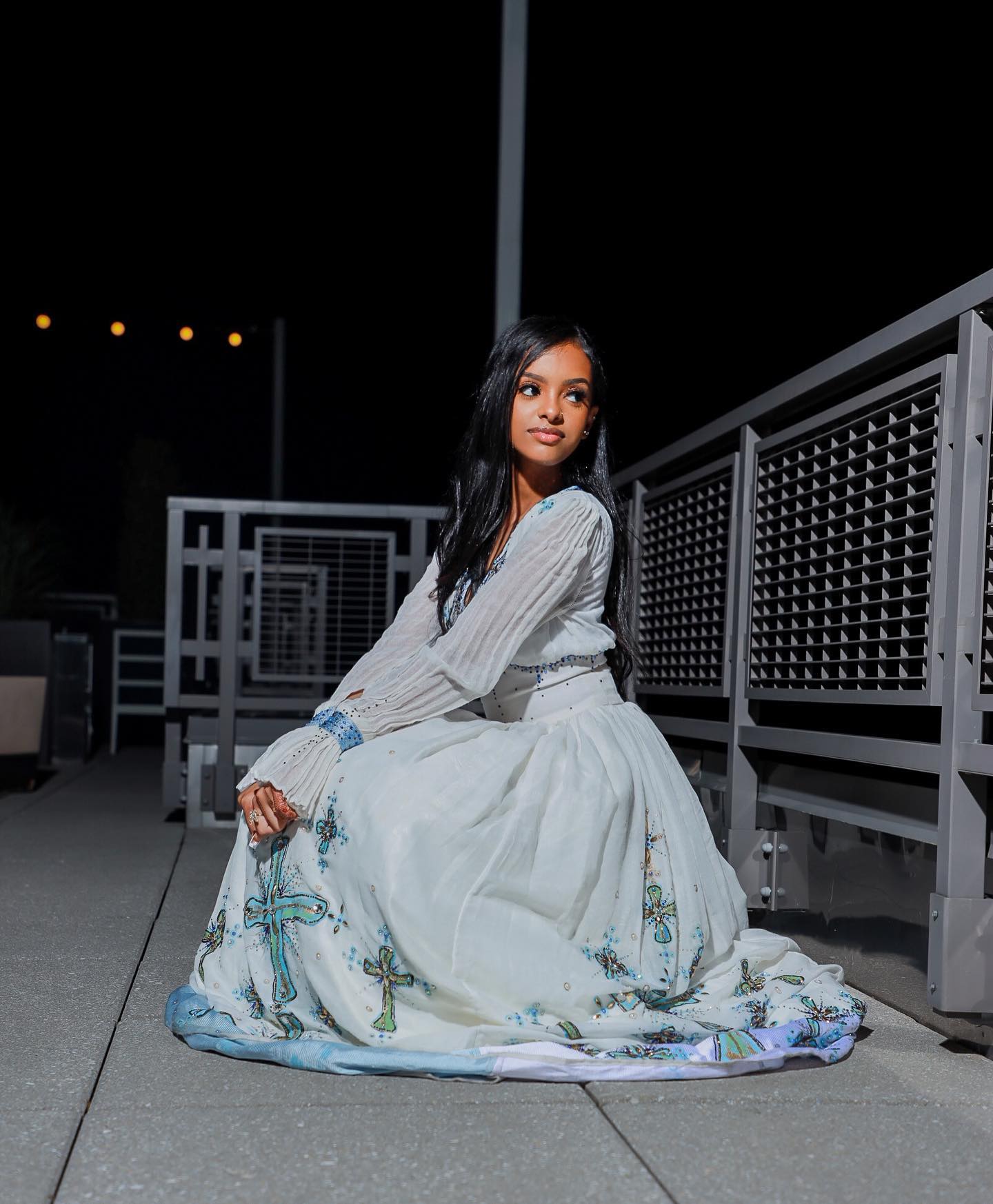 Traditional Ethiopian Dress For Event Habesha Kemis with Blue Embroidery V-neckline Habesha Dress  491