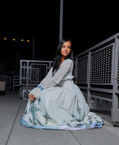 Traditional Ethiopian Dress For Event Habesha Kemis with Blue Embroidery V-neckline Habesha Dress  491