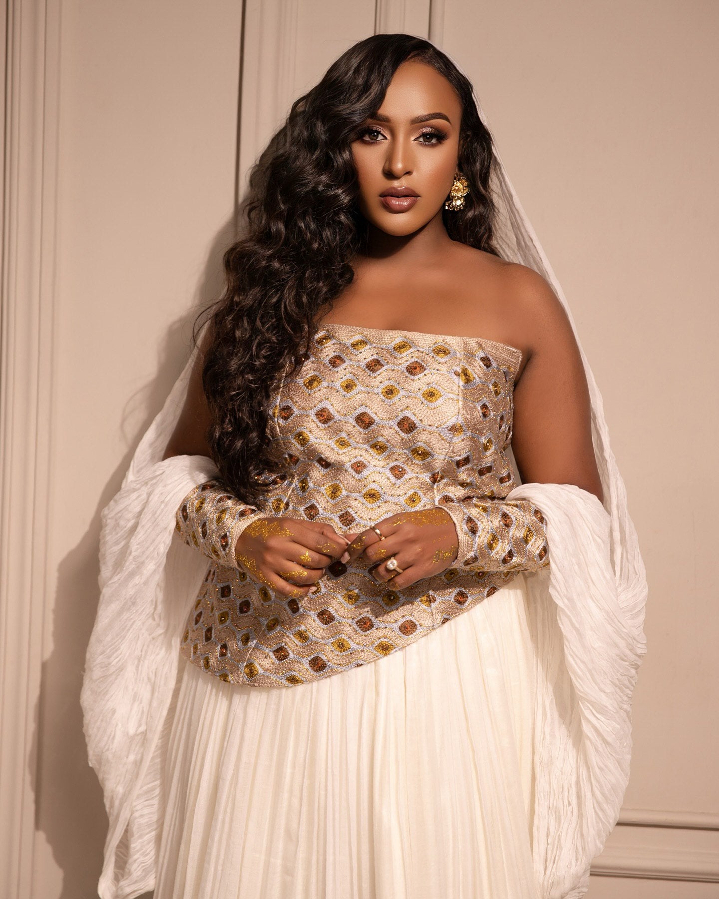 Sleeveless Ethiopian Wedding Dress Golden Embroidery Habesha Kemis Habesha dress For Wedding 495