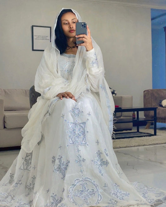White Habesha Kemis with Long Sleeves Ethiopian Traditional Dress