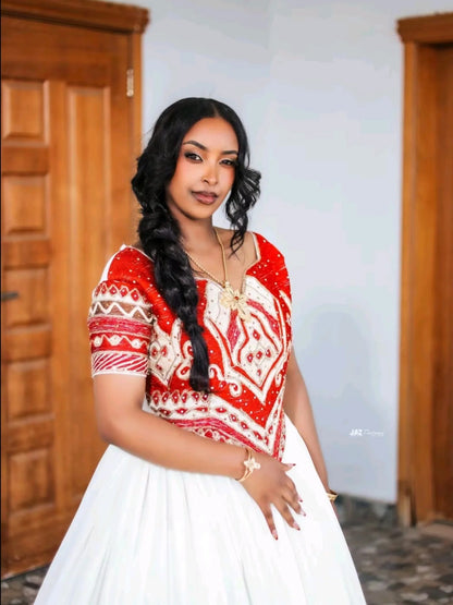 Red Embroidery Habesha Kemis Ethiopian Wedding Dress Graceful Habesha Dress 502