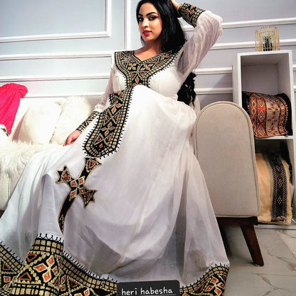 Golden and Black Embroidery Habesha Dress Long Sleeves Habesha Kemis Ethiopian Clothing For Festive 504