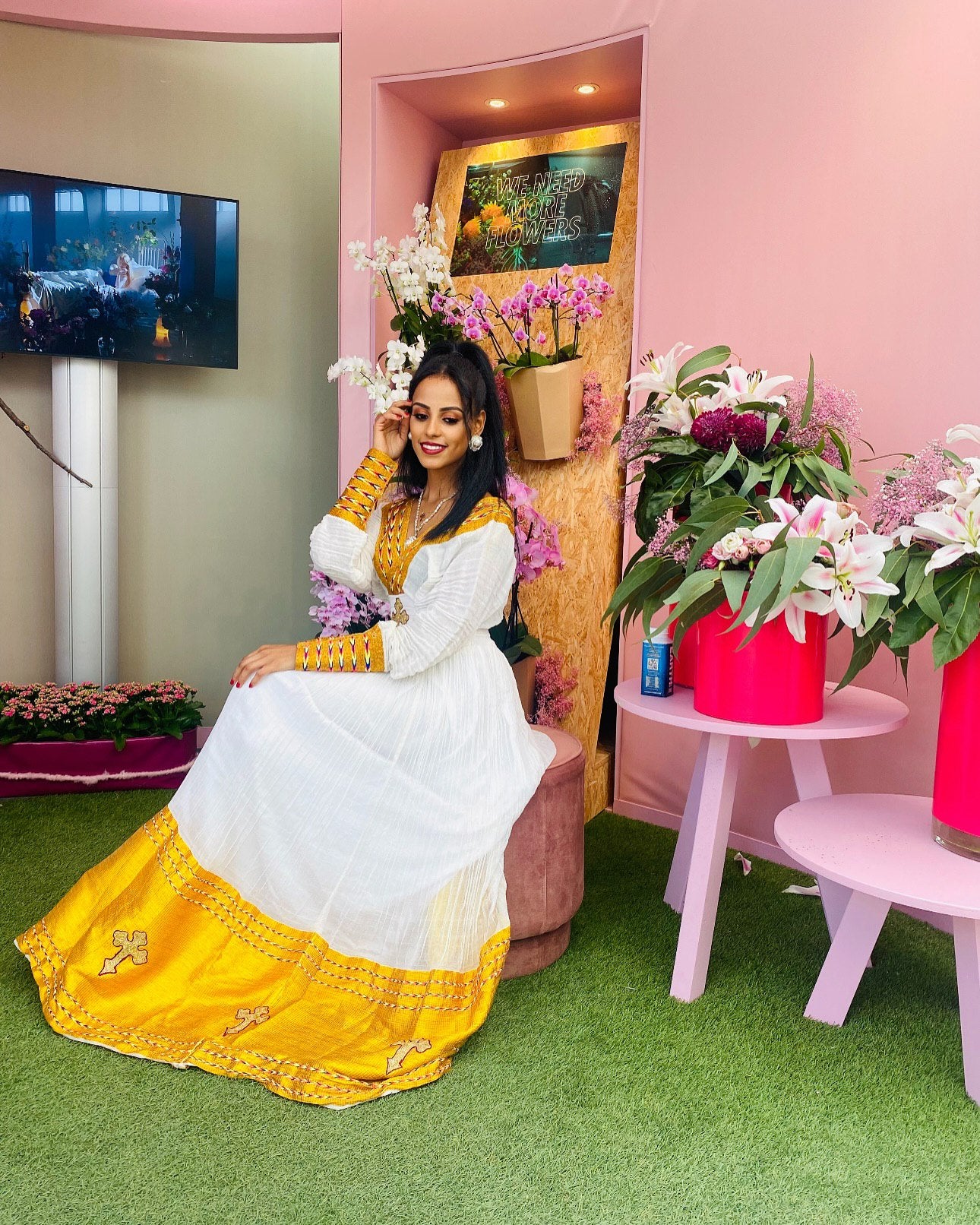 Yellow Woven Habesha Dress V-Neckline Ethiopian Dress Traditional Habesha Kemis Style 505