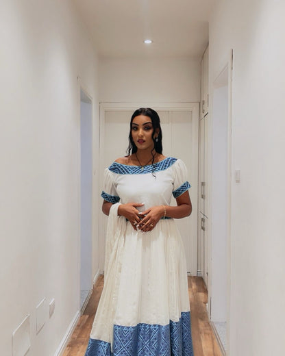 Blue Woven Habesha Dress Short Sleeve Ethiopian Style
