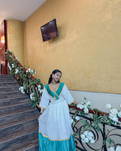 V-neckline Ethiopian Clothing Green And Golden Habesha Dress Beautiful Habesha Kemis 513