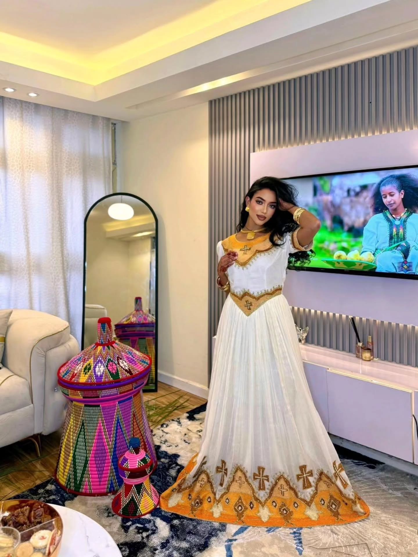 Habesha Kemis Inspired by Traditional Ethiopian Clothing White and Gold Habesha Kemis 521