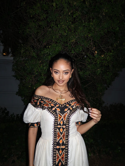 Off-Shoulder Habesha Kemis Black and Golden Embroidery Habesha Dress Traditional Ethiopian Clothing For event 526